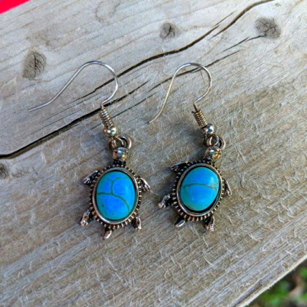 Turquoise Stone and Silver Turtle Earrings
